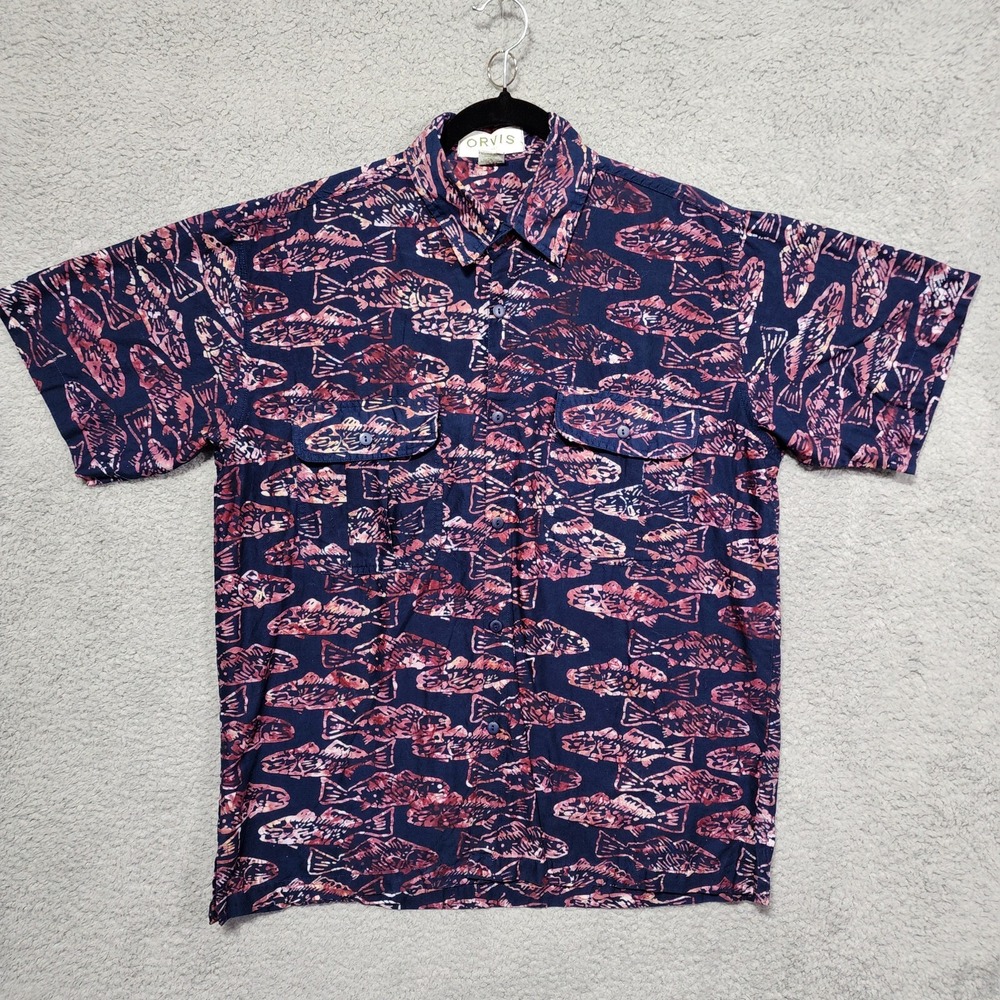 Orvis Shirt Mens Medium Navy Red‎ Fly Fish Button Up Lightweight Outdoor